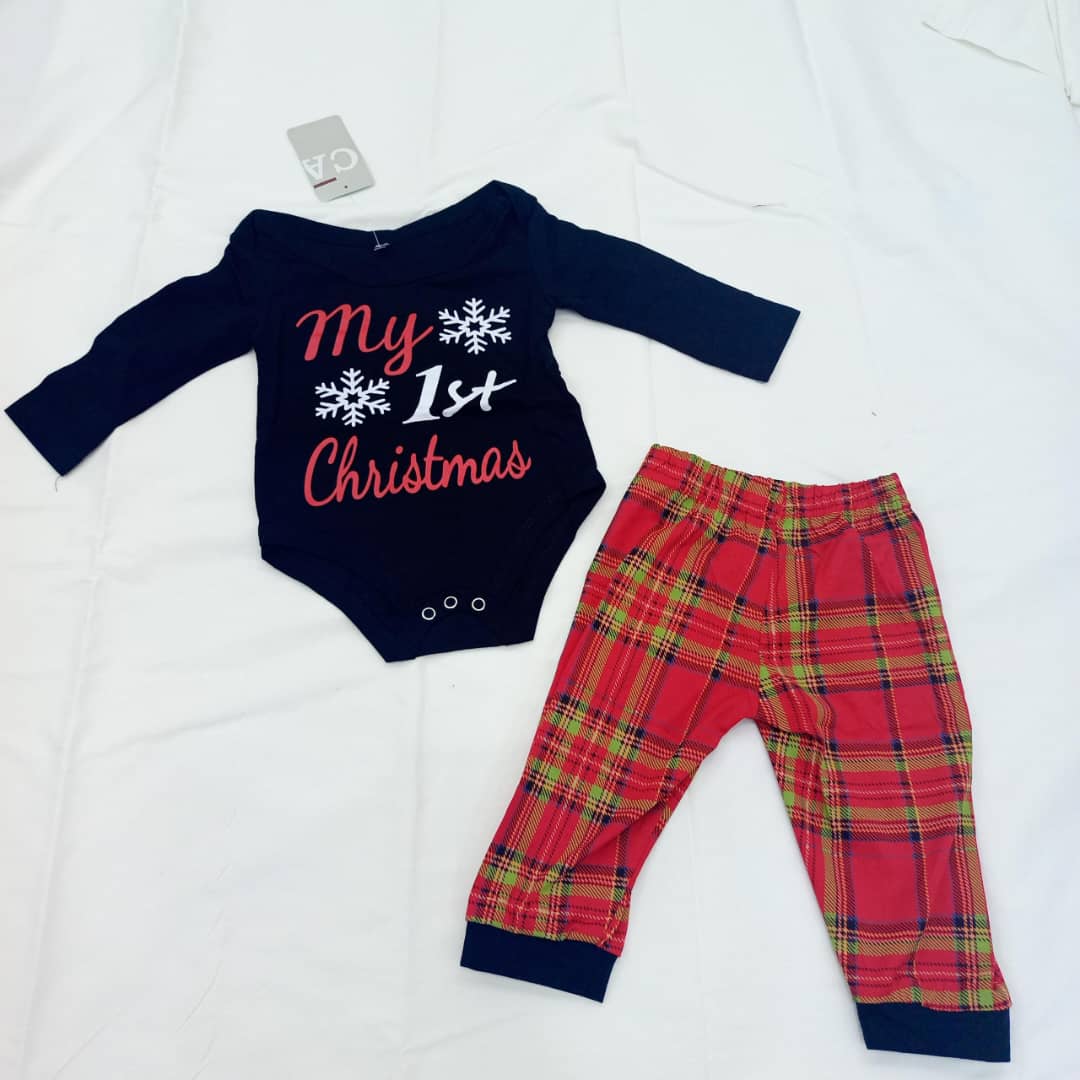 Baby Girls Boys 6 Month Black my 1st Christmas 2 Piece Cotton Top and Bottom Pyjamas Age 1