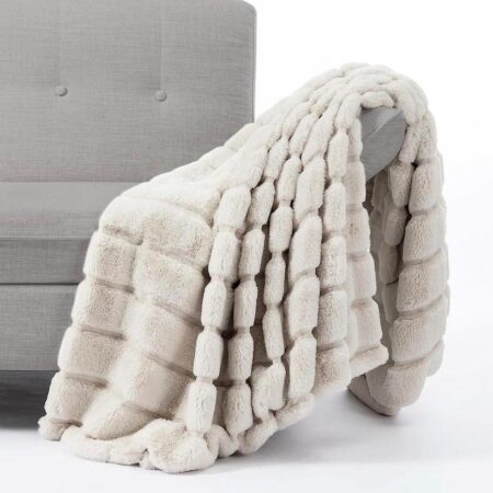 Beige Striped Faux Fur Throw Blanket - Super Lush, Body Friendly, Comfortable Blanket for Bed, Couch, Sofa
