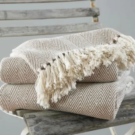 100% Cotton Tasselled Decorative Throw Blanket for Chair, Bed, Netflix and Chill (127 by 152 cm) Beige