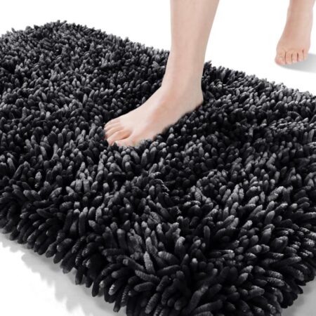 Chenille Top Extra Soft and Comfortable Bath Mat 50 x 58cm Machine Washable Bathroom Floor Mats Super Absorbent and Thick Black Bath Mat