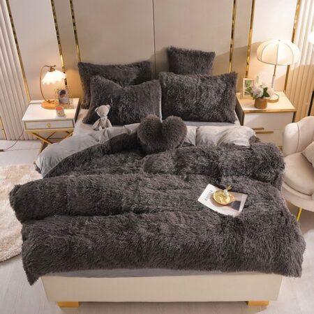 Fluffy Faux Fur Duvet Complete Set- Super Soft and Lush Very Plush Duvet +Bedspread and Matching Pillowcases Included (4 by 6, 6 by 6, 6 by 7, 7 by 7) Black