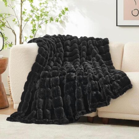 Striped Faux Fur Throw Blanket - Super Lush, Body Friendly, Cozy Warm Plush Comfortable Blanket for Bed, Couch, Sofa Bedroom Living Room