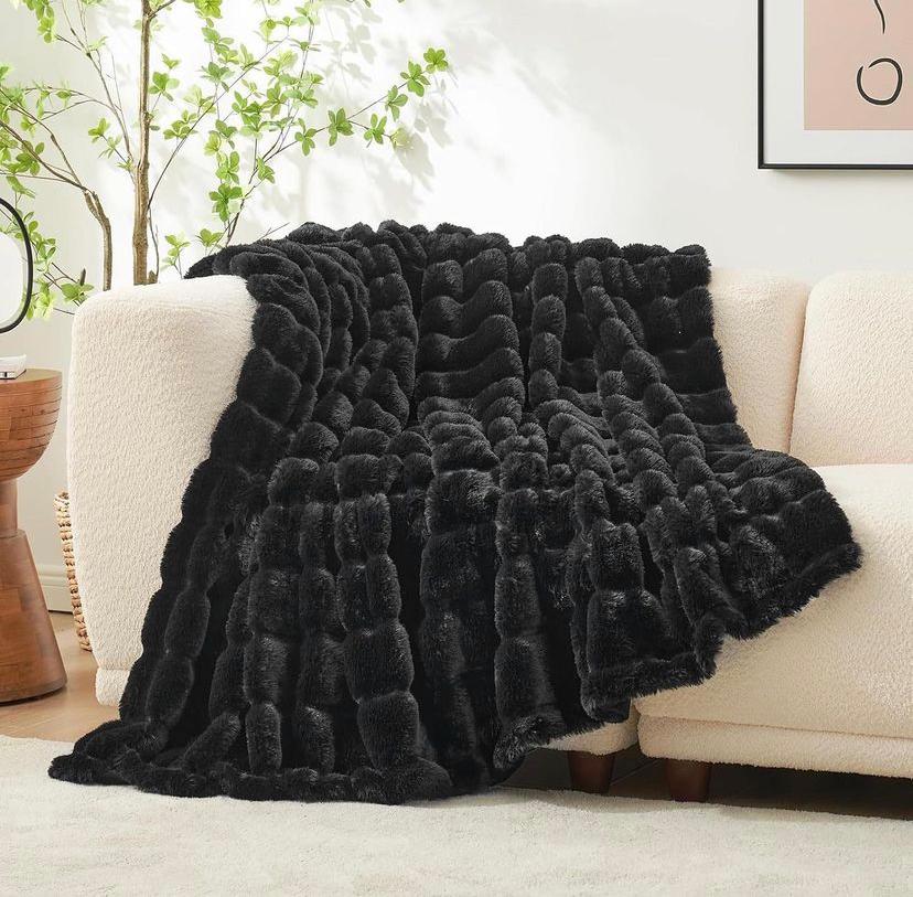 Striped Faux Fur Throw Blanket - Super Lush, Body Friendly, Cozy Warm Plush Comfortable Blanket for Bed, Couch, Sofa Bedroom Living Room