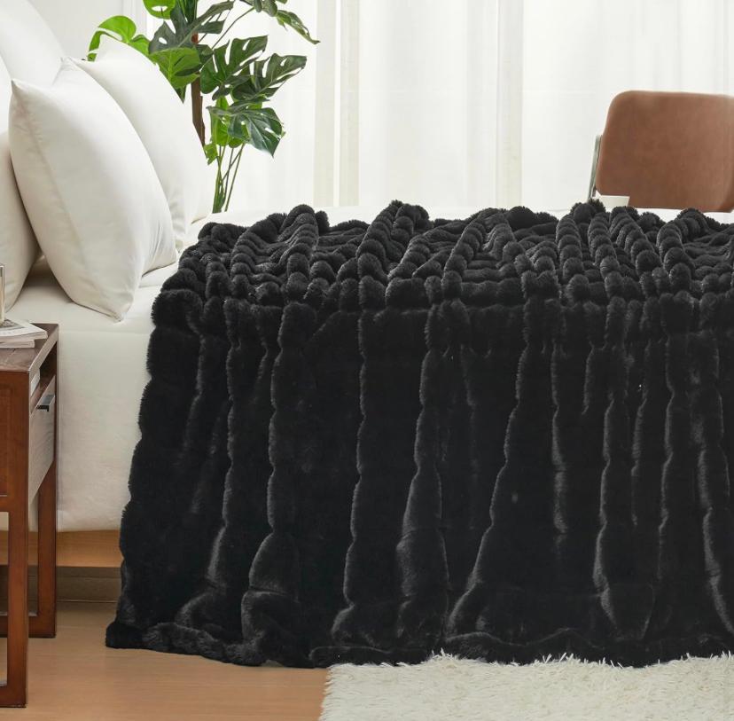 Black Striped Faux Fur Throw Blanket - Super Lush, Body Friendly, Cozy Warm Plush Comfortable Blanket for Bed, Couch, Sofa Bedroom Living Room - Image 3
