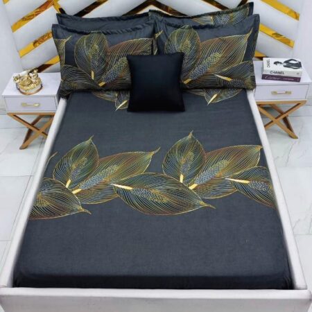 Black Fern Pattern Bedsheet Set, Comfortable and Skin Friendly Black Bedsheet with 2 Pillowcases Set 4 by 6(48 x 75) Full Size