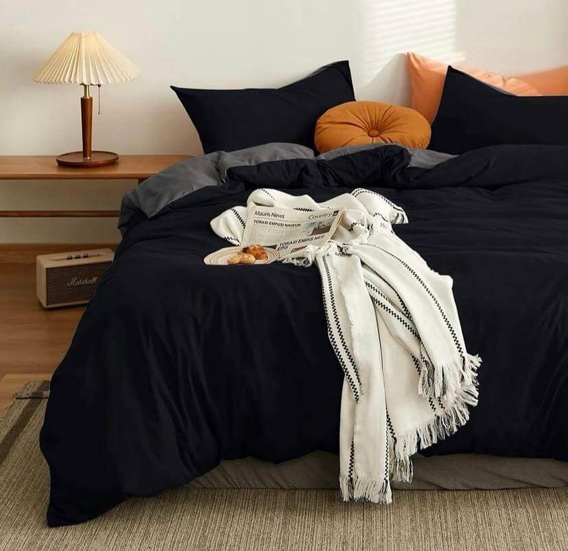 Black Reversible Duvet Set- Breathable and Soft, Including Duvet +Bedsheet and Matching Pillowcases, Perfect for Any Decor, (Sizes: 4 by 6, 6 by 6, 6 by 7, 7 by 7)