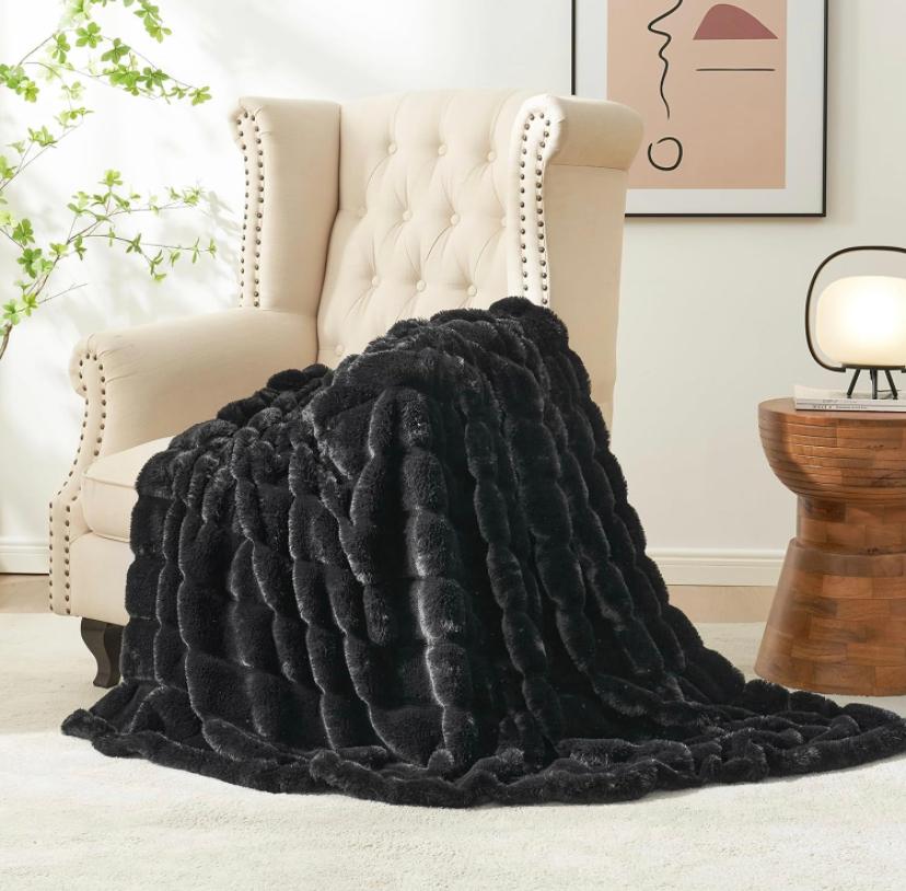 Black Striped Faux Fur Throw Blanket - Super Lush, Body Friendly, Cozy Warm Plush Comfortable Blanket for Bed, Couch, Sofa Bedroom Living Room