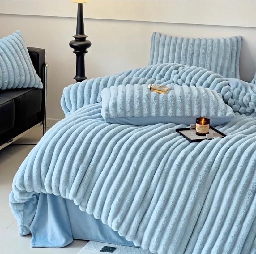 Fluffy Blue Stripe Duvet Cover Set, Super Soft Faux Fur Warm and Lush Rabbit Fur 1Duvet +1Duvet Cover, 1Bedsheet, 1Blanket and 4Pillowcases Set - Image 3