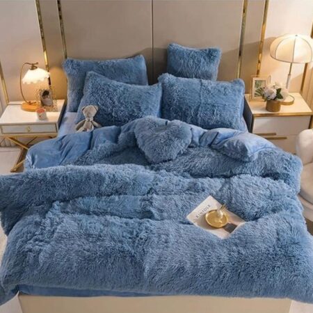 Fluffy Faux Fur Duvet Complete Set- Super Soft Lush and Super Fluffy Duvet +Bedspread and Matching Pillowcases (Sizes: 4 by 6, 6 by 6, 6 by 7, 7 by 7) Blue