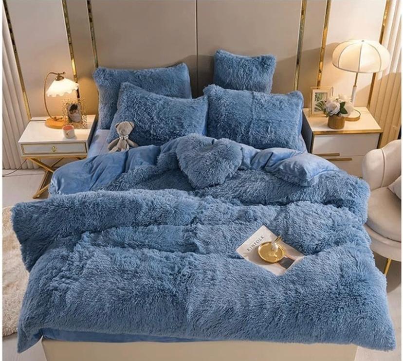 Fluffy Faux Fur Duvet Complete Set- Super Soft Lush and Super Fluffy Duvet +Bedspread and Matching Pillowcases (Sizes: 4 by 6, 6 by 6, 6 by 7, 7 by 7) Blue