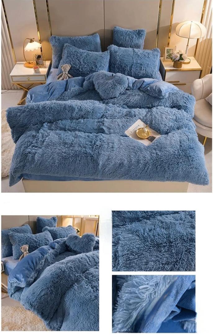 Fluffy Faux Fur Duvet Complete Set- Super Soft Lush and Super Fluffy Duvet +Bedspread and Matching Pillowcases (Sizes: 4 by 6, 6 by 6, 6 by 7, 7 by 7) Blue - Image 3