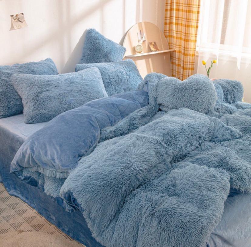 Fluffy Faux Fur Duvet Complete Set- Super Soft Lush and Super Fluffy Duvet +Bedspread and Matching Pillowcases (Sizes: 4 by 6, 6 by 6, 6 by 7, 7 by 7) Blue - Image 4