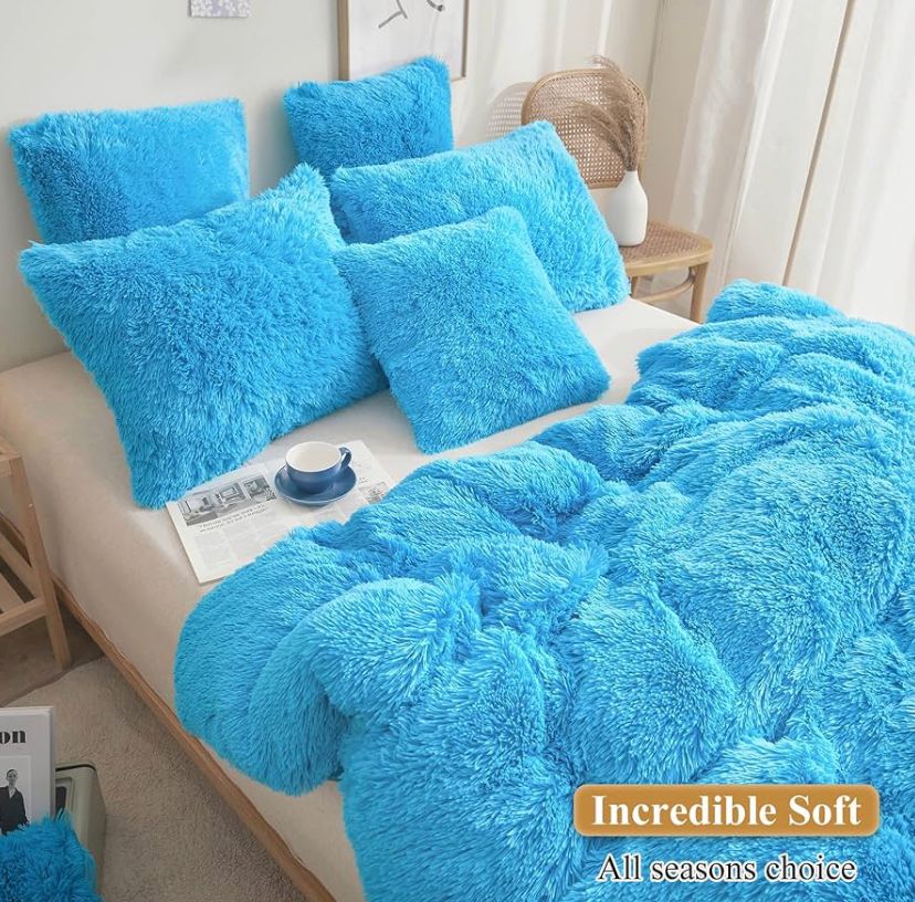 Faux Fur Fluffy Blue Duvet Set - Super Comfortable and Soft, Breathable and Super Cozy Faux Fur Duvet with Matching Pillowcases and Bed sheet Sets 4 by 6, 6 by 6, 6 by 7, 7 by 7 - Image 3