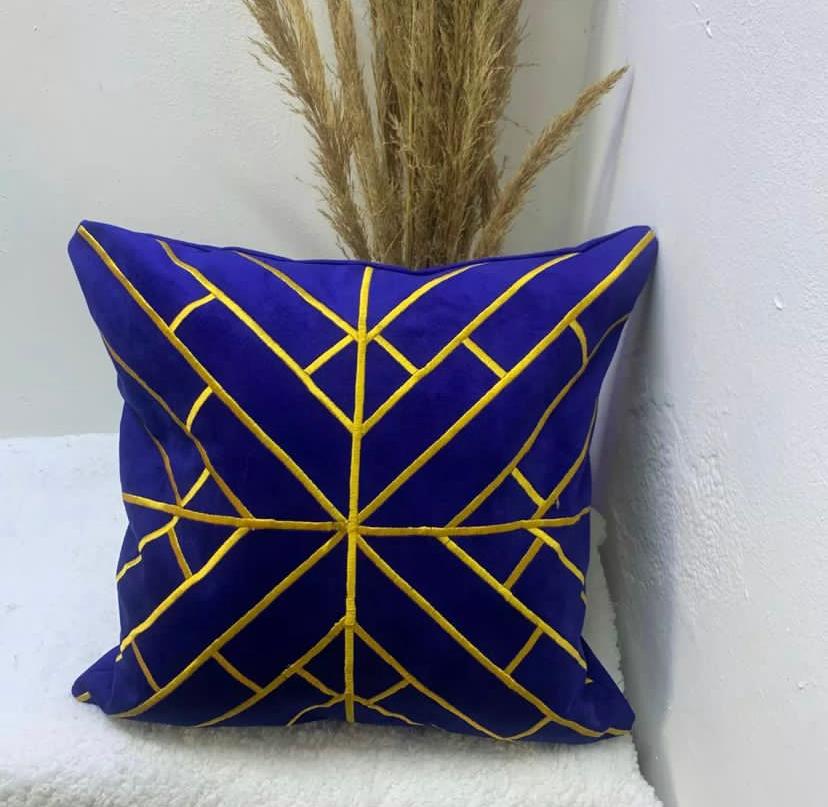 18 x 18 Inch Blue Gold Plaid Decoration Throw Pillow Embroidery Geometric Stripes Modern Square Throw Pillow for Bedroom, Couch, Living Room - Image 2