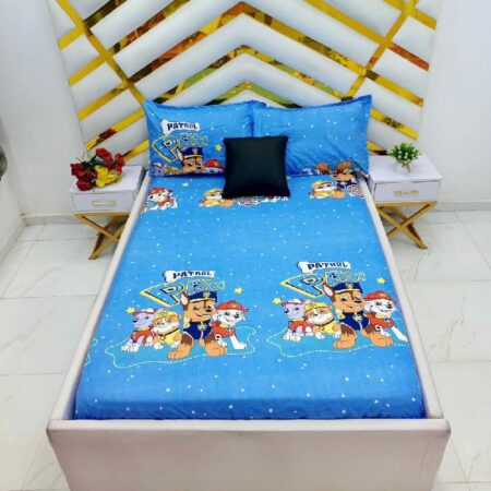 Cartoon Character Paw Patrol Pattern Bedsheet Set, 4 by 6 Size Blue Kids Cartoon Character Bedsheet and 2 Pillowcases Set, Comfortable and Cotton Sheet Set