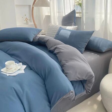 Blue Reversible Duvet + 2/4 Matching Pillowcases 1 Bedsheet Set, Soft and Body-friendly High Quality Fabric Reversible Bedding Set (4 by 6, 6 by 6, 6 by 7, 7 by 7 Sizes) (Blue/Grey)