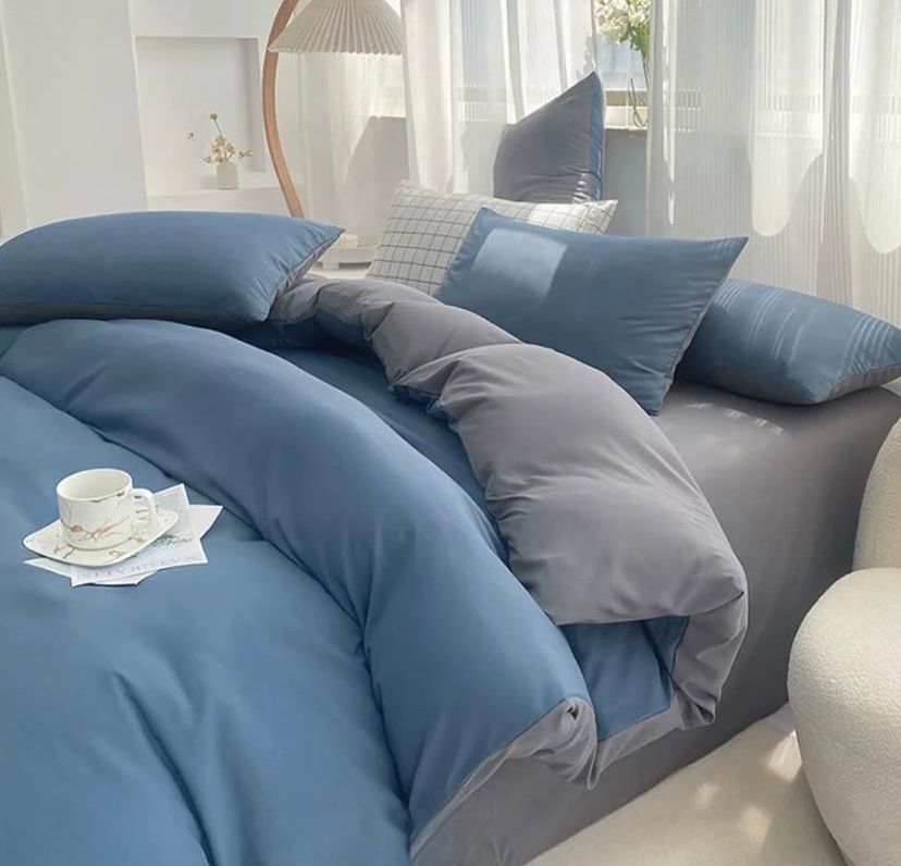 Blue Reversible Duvet + 2/4 Matching Pillowcases 1 Bedsheet Set, Soft and Body-friendly High Quality Fabric Reversible Bedding Set (4 by 6, 6 by 6, 6 by 7, 7 by 7 Sizes) (Blue/Grey)