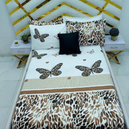 Brown Butterfly Print 7 by 7 Bedsheet Set, Skin Friendly and Durable Butterfly Cotton Print Bedsheet with 4 Pillowcases Set