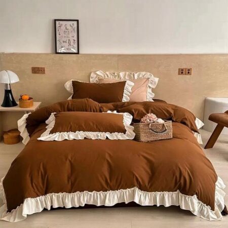 Luxurious Premium Brown Ruffle Lace Bedding Set - Ultra Soft and Breathable 100% Pure Cotton 5/7 Pcs 1 Double Padded Duvet, 1 Duvet Cover, 1 Bedspread, 2/4 Matching Pillowcases Set in 4by6/ 6by6/ 6by7/ 7by7 Sizes