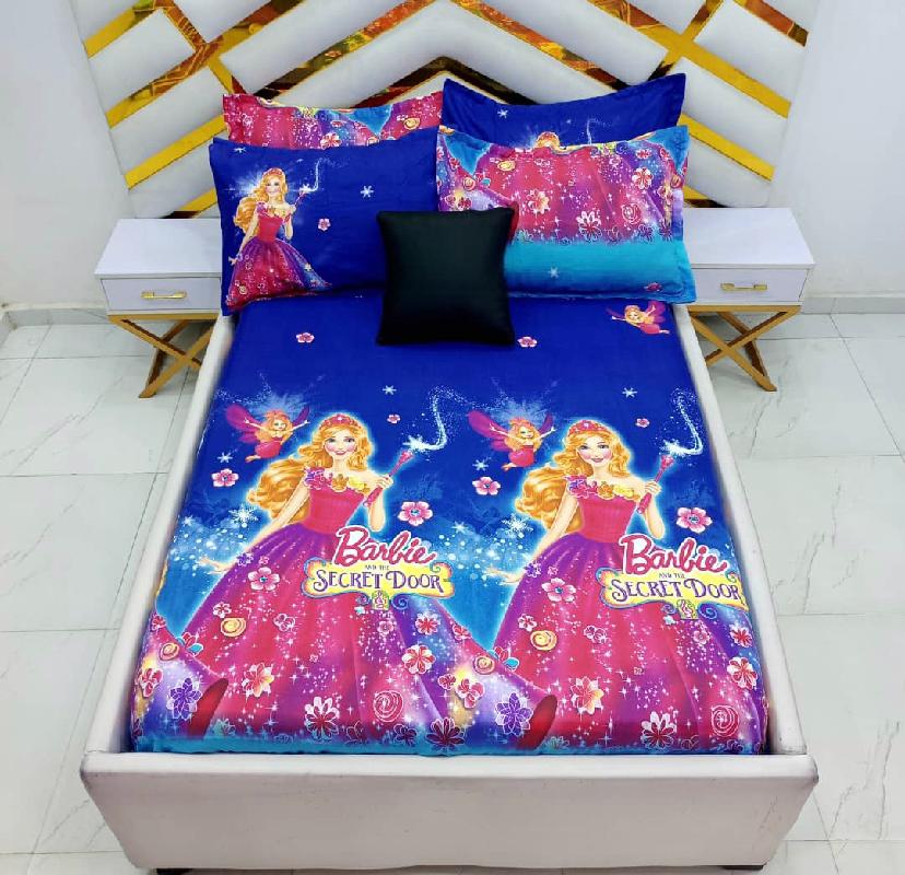 Barbie Princess Printed Designer Bedsheet Set, Full 4 by 6 3Piece Barbie Print Pattern Design Bedsheet with Pillowcases Set for Adult Girls Children