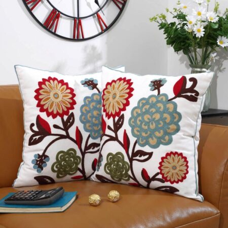 Embroidery Floral 18x 18 Throw Pillow - Colorful Floral Pattern Throw Pillow for Bedroom, Living Room, Office, Car (45cm x 45m) Square