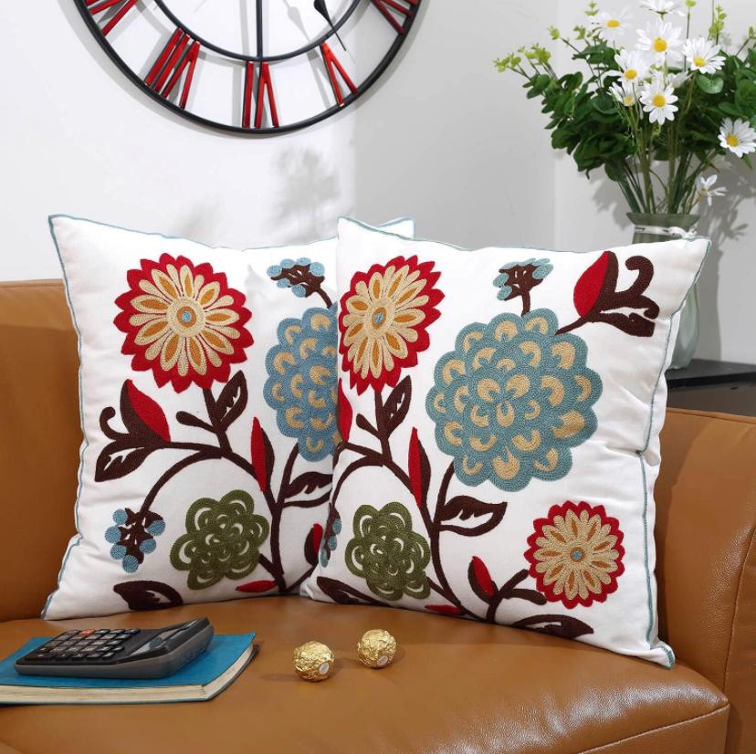 Embroidery Floral 18x 18 Throw Pillow - Colorful Floral Pattern Throw Pillow for Bedroom, Living Room, Office, Car (45cm x 45m) Square
