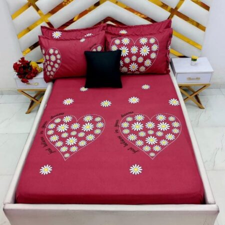 Floral Heart Print Cotton 7 by 7 Bedsheet Set, Soft and Durable Cotton Printed Flower Love Patterned Bedsheet with 4 Pillowcases Set