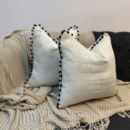 18 by18 Creamy White Decorative Throw Pillow Cover and Insert - Beautiful Dark Pom Pom Square Washable Throw Pillow for Bedroom, Living Room, Car Office Perfect Decor