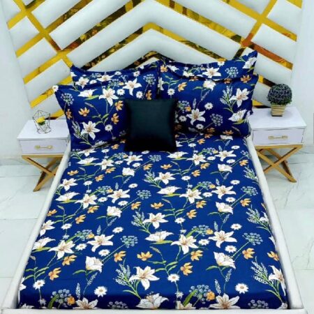 Blue Marigold Floral Pattern Full Bedsheet Set, 4 by 6 Premium Quality Blue Flower Bedsheet Set with 2 Matching Pillowcases Set