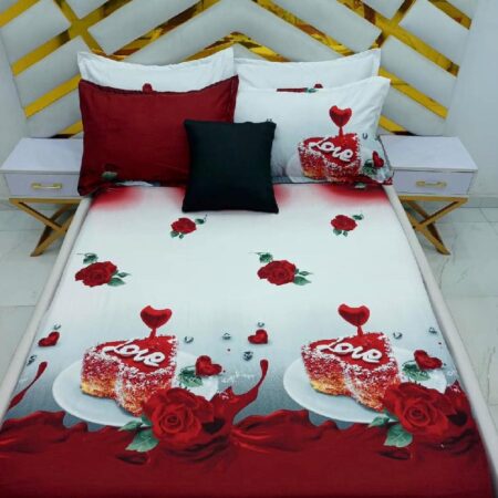 Cupid Love Print Cotton 7 By 7 Bedsheet Set, White and Red Floral Pattern Bedsheet with Pillowcases Set, Soft Durable Cotton Love Patterned 1 Bedsheet with 4 Pillowcases Set