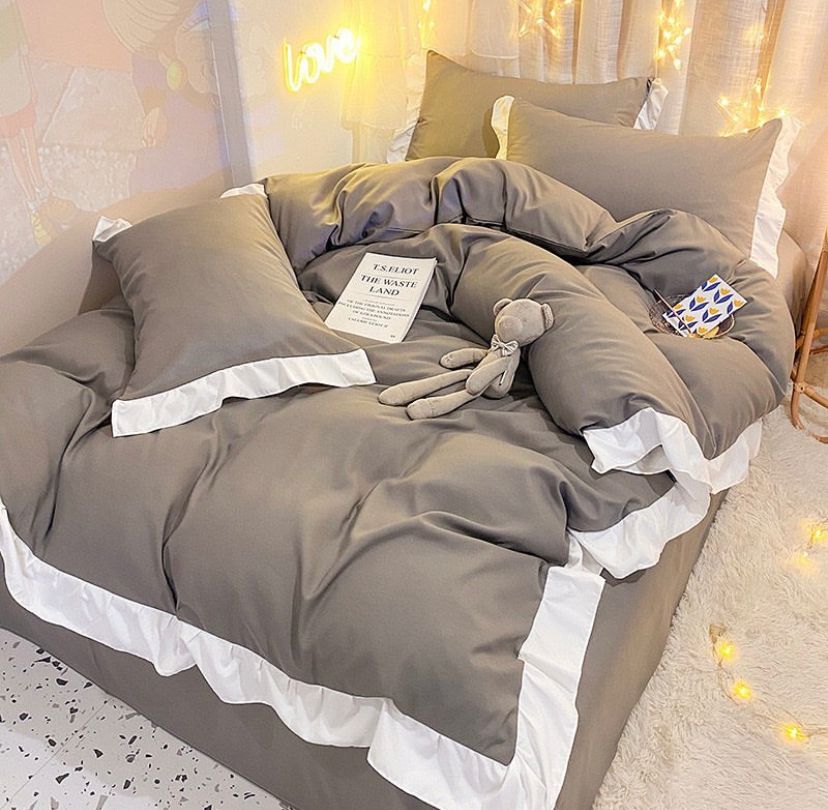 Gray Executive Ruffle Duvet and Duvet Cover Set 4 by 6/ 6 by 6/ 6 by 7 / 7 by 7 Sizes - High Quality Luxurious Polish Cotton Bedding Set Including 1 Duvet Cover, 1 Double Padded Thick Duvet, 1 Bedspread and 2/4 Matching Pillowcases Set (Dark Brown)