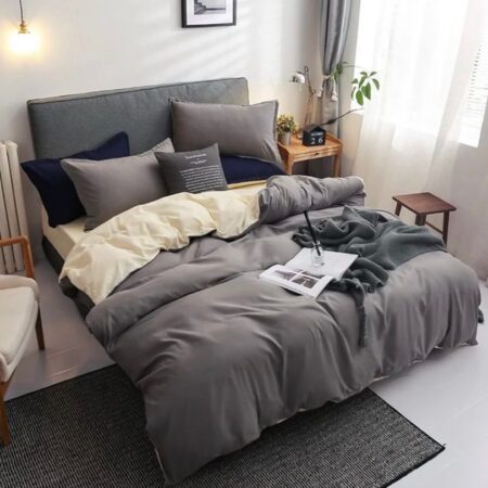 Dark Grey and Cream Reversible Duvet 2/4 Matching Pillowcases and Bedsheet Set (4 x 6, 6 x 6, 6 x 7, 7 x 7)
