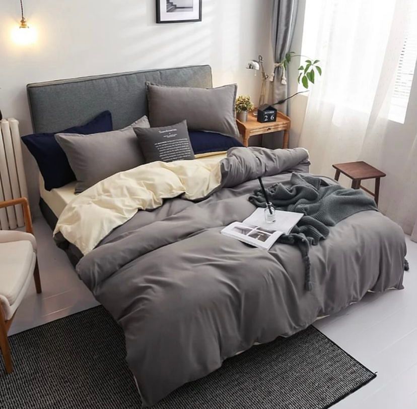Dark Grey and Cream Reversible Duvet 2/4 Matching Pillowcases and Bedsheet Set (4 x 6, 6 x 6, 6 x 7, 7 x 7)