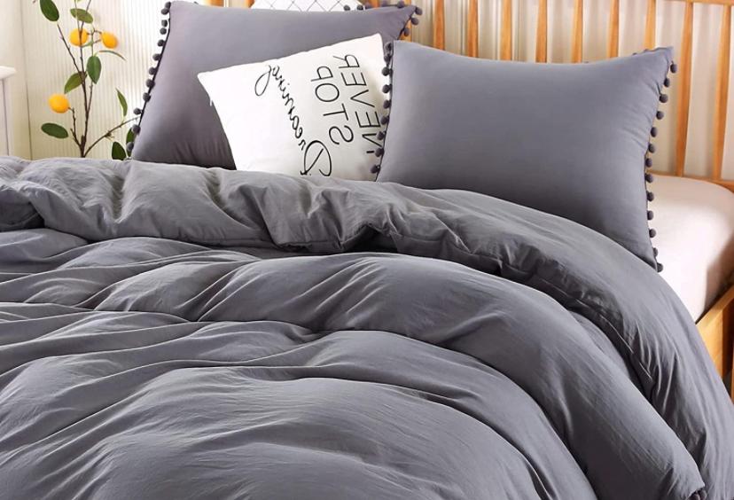 Grey Pom Pom Bedding set, High Quality Material Complete Bedding Set 4 by 6, 6 by 6, 6 by 7, 7 by 7 Sizes - Image 2