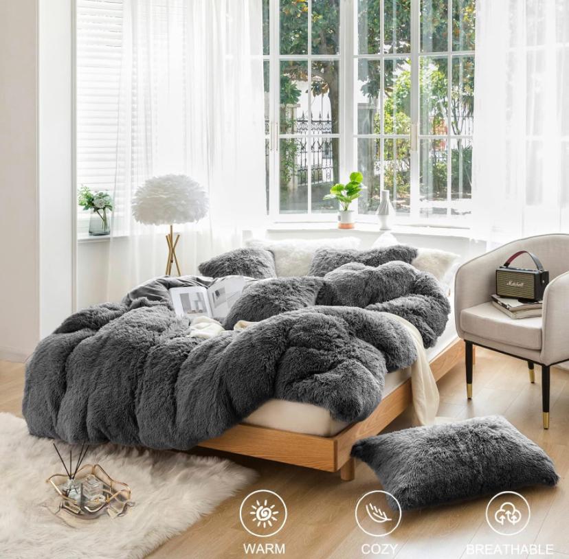 Faux Fur Shaggy Ultra Soft and Plush Duvet Set - Warm and Breathable Crystal Velvet Duvet Set (1Fluffy Faux Fur Duvet with 2- 4 Faux Fur Matching Pillowcases and Bedspread Set) (4 by 6, 6 by 6, 6 by 7, 7 by 7)|Dark Grey - Image 3