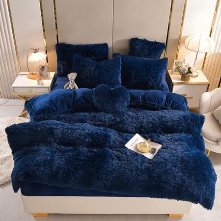 Fluffy Faux Fur Duvet Complete Set- Super Soft Lush and Very Plush Duvet +Bedspread and Matching Pillowcases Included (4 by 6, 6 by 6, 6 by 7, 7 by 7) Deep Blue