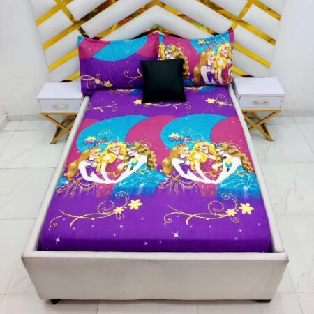 Disney Barbie Cartoon Character Bedsheet Set, 4 by 6 Full Size Comfortable and Skin Friendly Colorful Cartoon Character Bedsheet and 2 Pillowcases Set