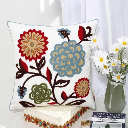 Floral Embroidered Colorful 18x 18 Throw Pillow - Decorative Flower Pattern Throw Pillow for Sofa, Bed, Couch, Office Car (45c x 45cm)