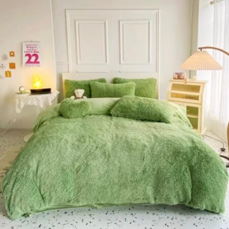 Faux Fur Green Duvet + 2/4 Pillowcases, and 1Bedsheet Set, Fluffy Lush and Super Soft Fur Bedding Set, (Size: 4by6, 6by6, 6by7, 7by7) Green