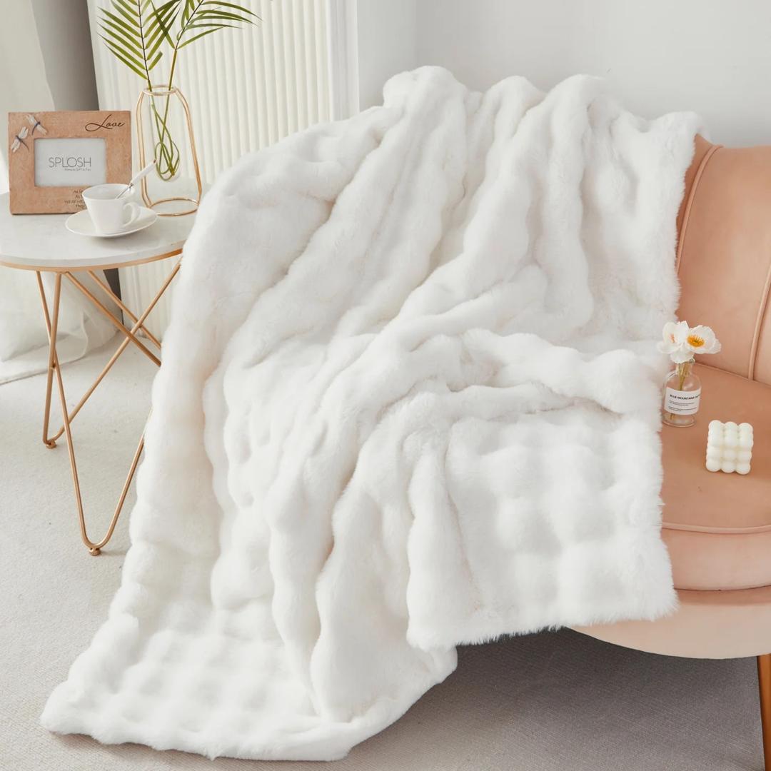 White Faux Rabbit Fur Buddle Throw Blanket - Fluffy Plush Throw Blanket for Couch Chair Bed Perfect Gift (51 x 63, 63 x 79, 71 x 79) White