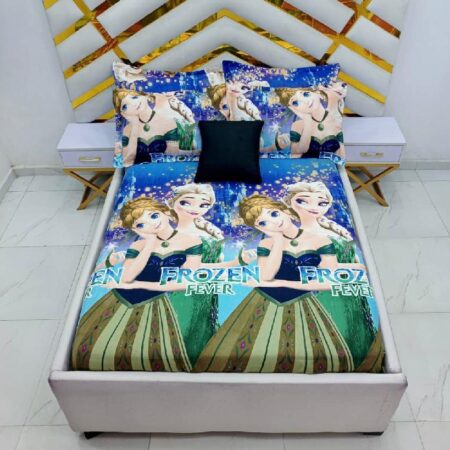 Frozen Fever Cartoon Printed Bedsheet Set, Full 4 by 6 Disney Frozen Printed Cotton Bedsheet with Pillowcases Set