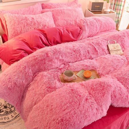 Complete Pink Fur Bedding Set, Fluffy Soft and Shaggy Duvet with Pillowcases and Bedspread Set, 4 by 6, 6 by 6, 6 by 7, 7 by 7 Sizes