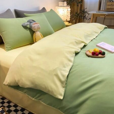 Green and Beige Duvet Matching Pillowcases and Bedsheet Set Breathable Fabric Luxury Feel (4 by 6, 6 by 6, 6 by 7, 7 x 7)