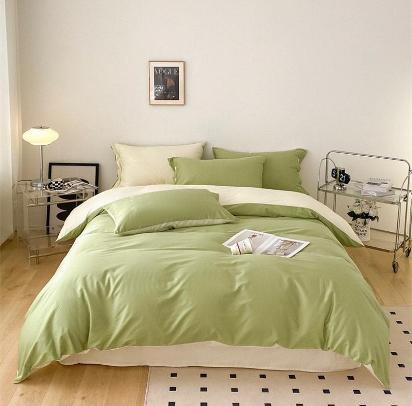 Premium Quality Cotton Complete Green and Creamy White Reversible Duvet Set, 4-6 Pieces All Season Bedding Set (1Duvet, 1Bedsheet and Matching Pillowcases) 4 by 6, 6 by 6, 6 by 7, 7 by 7