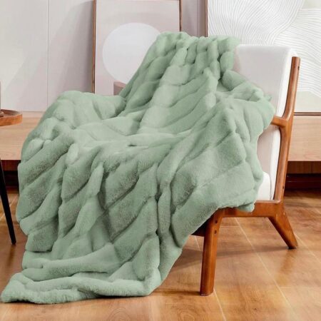 Green Striped Faux Fur Throw Blanket - Super Lush, Body Friendly, Fluffy Warm, Comfortable Blanket for Bed, Couch, Sofa