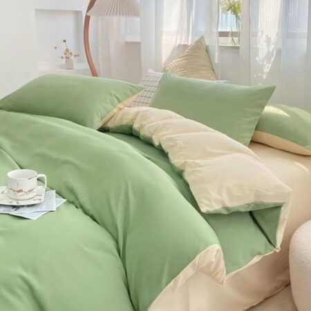 Green Reversible Duvet + 2/4 Matching Pillowcases 1 Bedsheet Set, Soft Body-friendly High Quality Fabric Reversible Bedding Set (4 by 6, 6 by 6, 6 by 7, 7 by 7 Sizes)