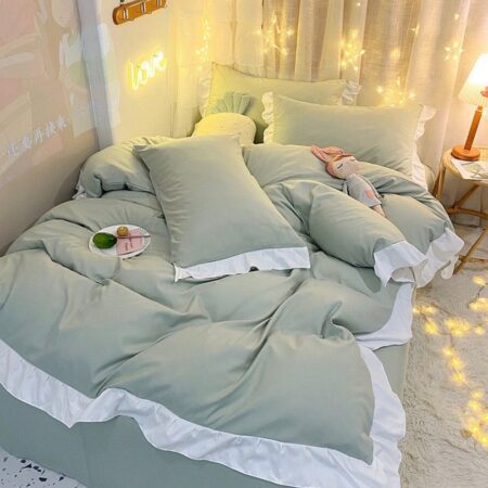 Green Executive Ruffle Duvet and Duvet Cover Set 4 by 6/ 6 by 6/ 6 by 7/ 7 by 7 Sizes - Hotel Quality Soft and Breathable Polish Cotton Luxurious Detachable Duvet Cover, Double Padded Thick Duvet 1 Bedspread and Matching Pillowcases Complete Bedding Set