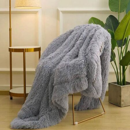Fluffy Grey Faux Fur Blanket, Double Sided, Super Lush, Body Friendly Comfy and Luxury Feel Blankets for Bed, Couch, Sofa