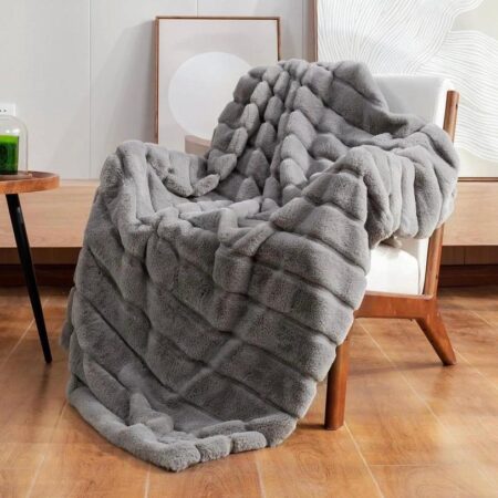 Grey Striped Faux Fur Throw Blanket - Super Lush, Body Friendly, Fluffy Warm, Comfortable Blanket for Bed, Couch, Sofa