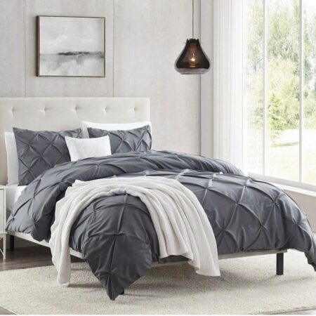 Dark Grey Pintuck Duvet Set 4 by 6/ 6 by 6/6 by 7/7 by 7 Sizes High Quality Pinch Pleated Pintuck Bedding Set Including 1 Duvet, 1 Bedsheet, 2/4 Matching Pillowcases